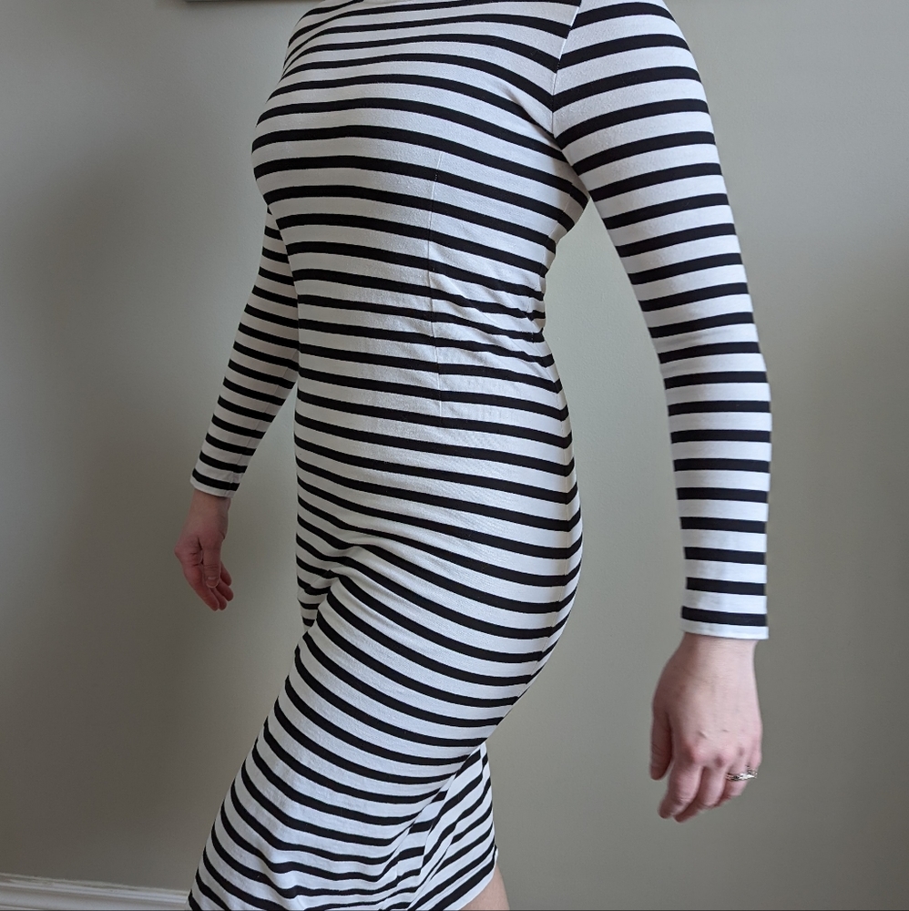 JCrew black and white striped long sleeved sheath dress